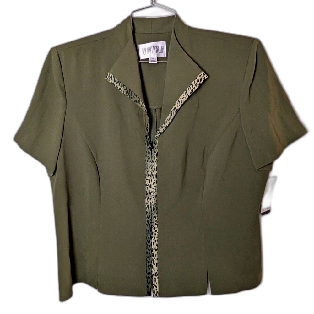 Julian Taylor Olive Career Blouse Notch Collar Animal Trim 16 NWT